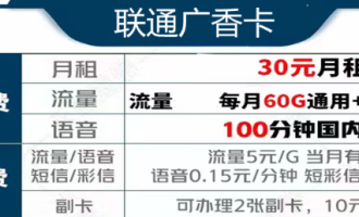 抖音上很火的流量卡 联通广香卡30元享60G通用+30G定向